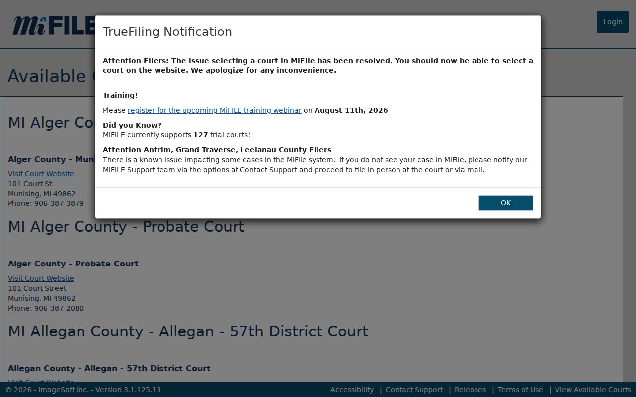 Clare County docket search source showing MiFILE court availability