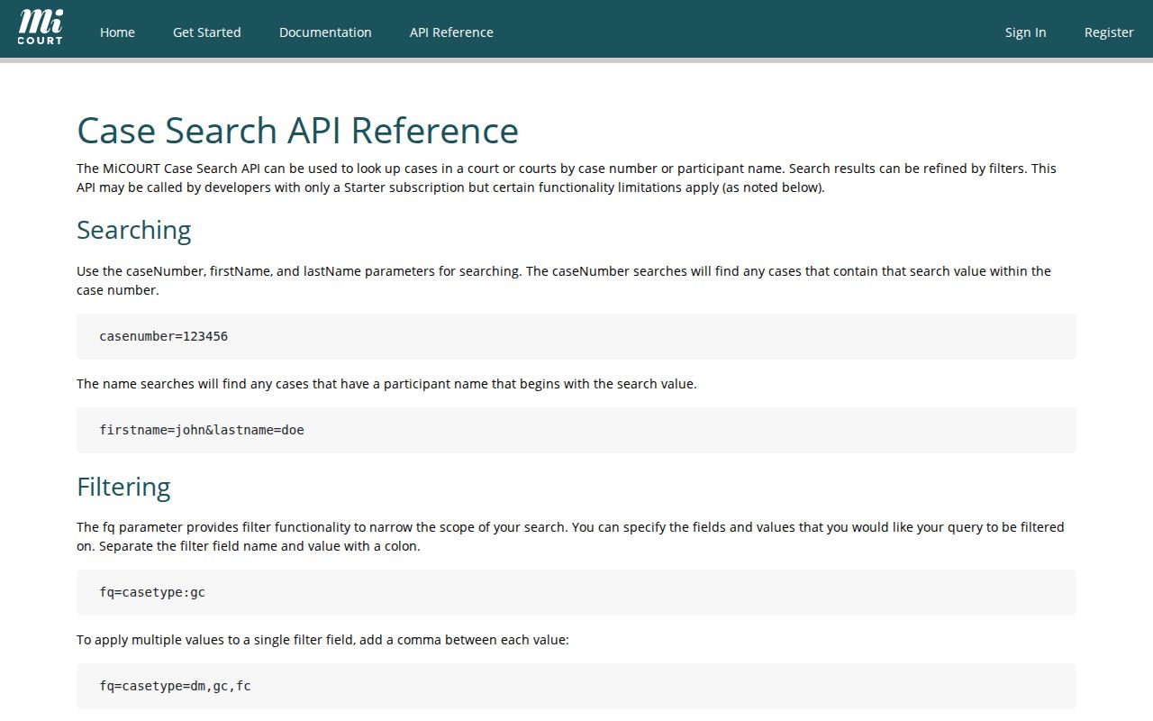 Clare County docket search source showing MiCOURT search and filter documentation