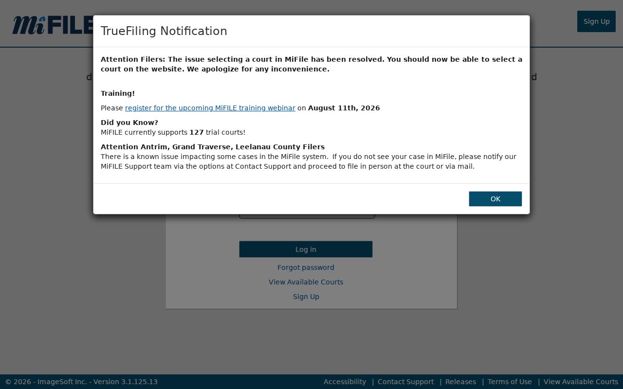 Clare County civil court docket source showing Michigan MiFILE filing service