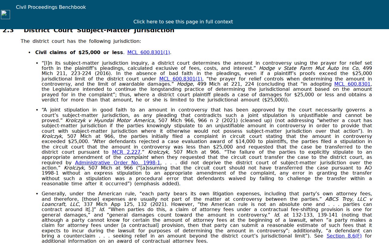 Clare County civil court docket source showing district-court civil jurisdiction guidance