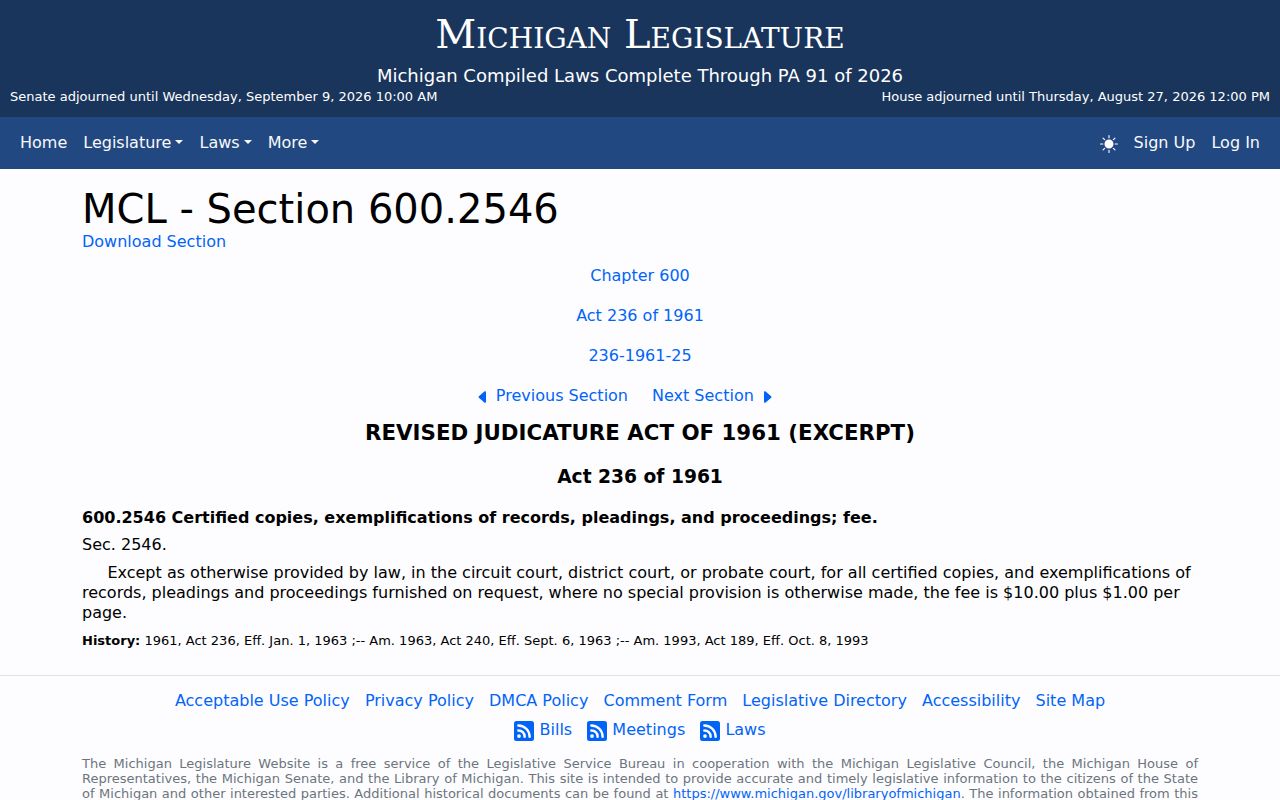 Clare County civil court docket source showing Michigan certification and copy-fee statute
