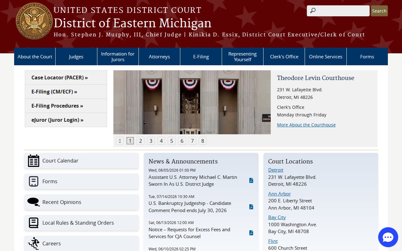 Clare County court schedule source showing Bay City federal courthouse information