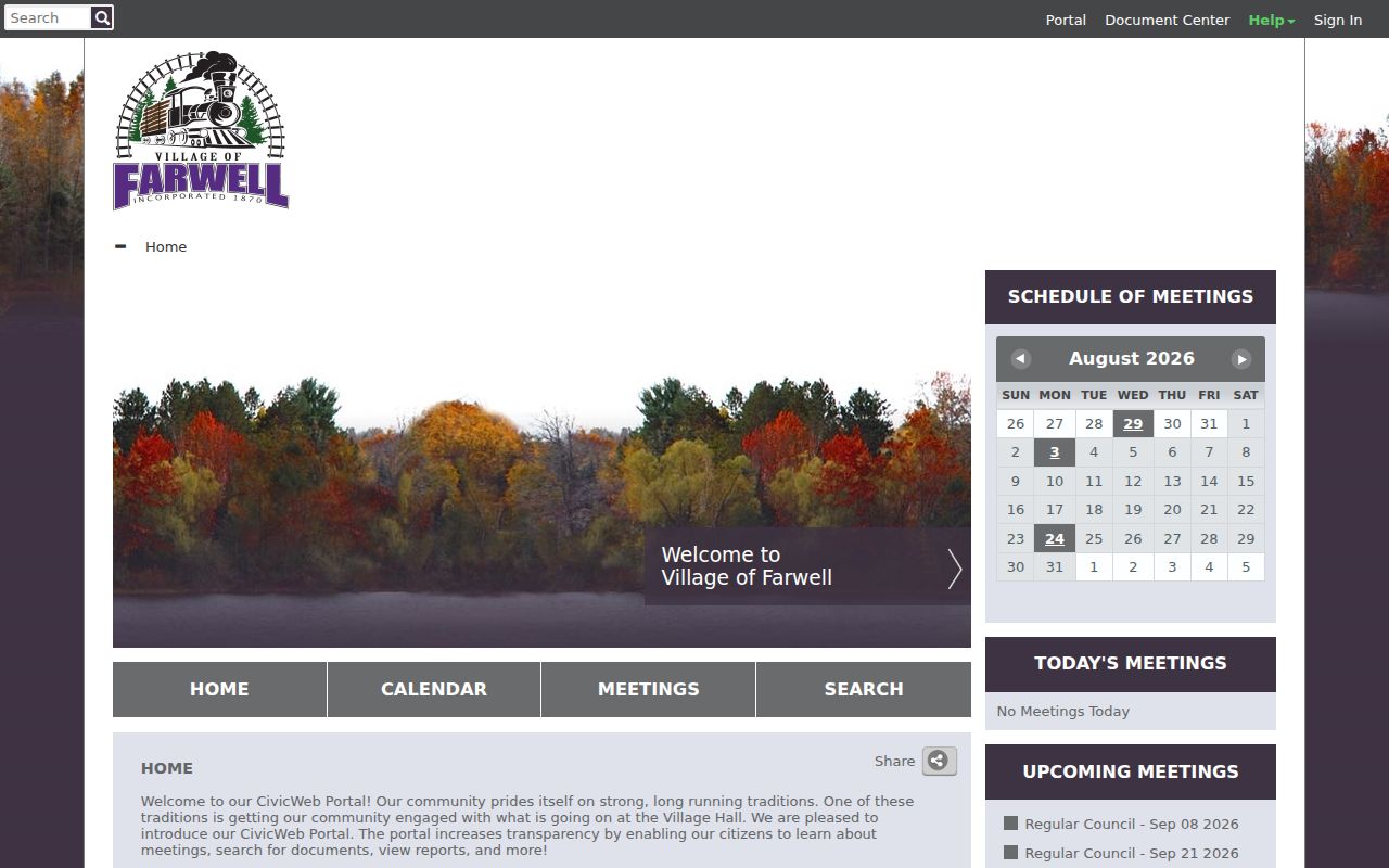 Clare County court schedule source showing Farwell CivicWeb municipal calendar