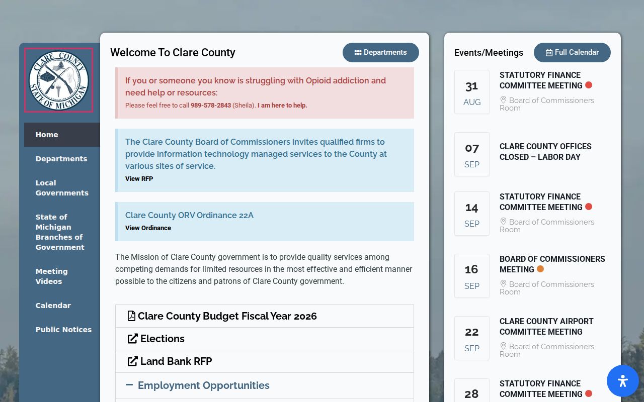 Clare County court docket source showing the county government court and clerk access page
