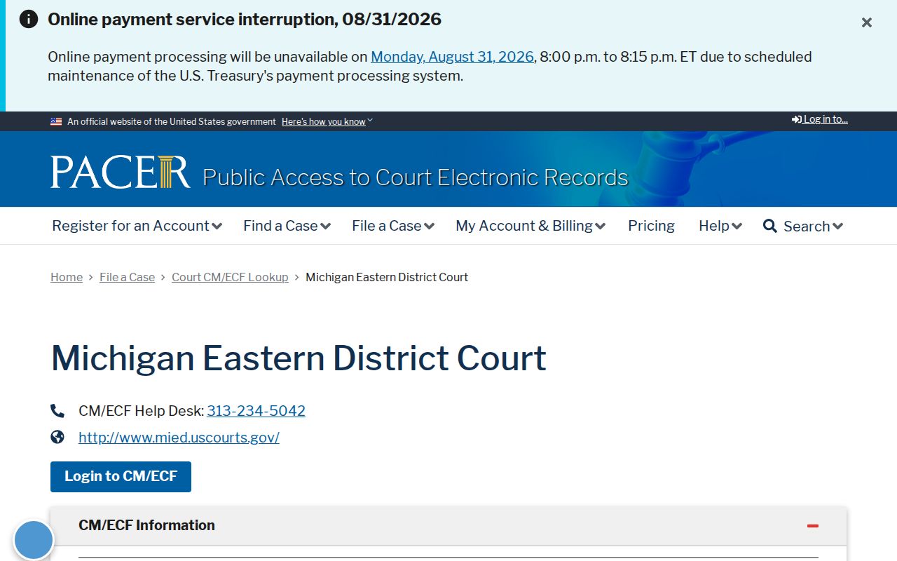 Clare County court docket source showing PACER Eastern District of Michigan and Bay City coverage