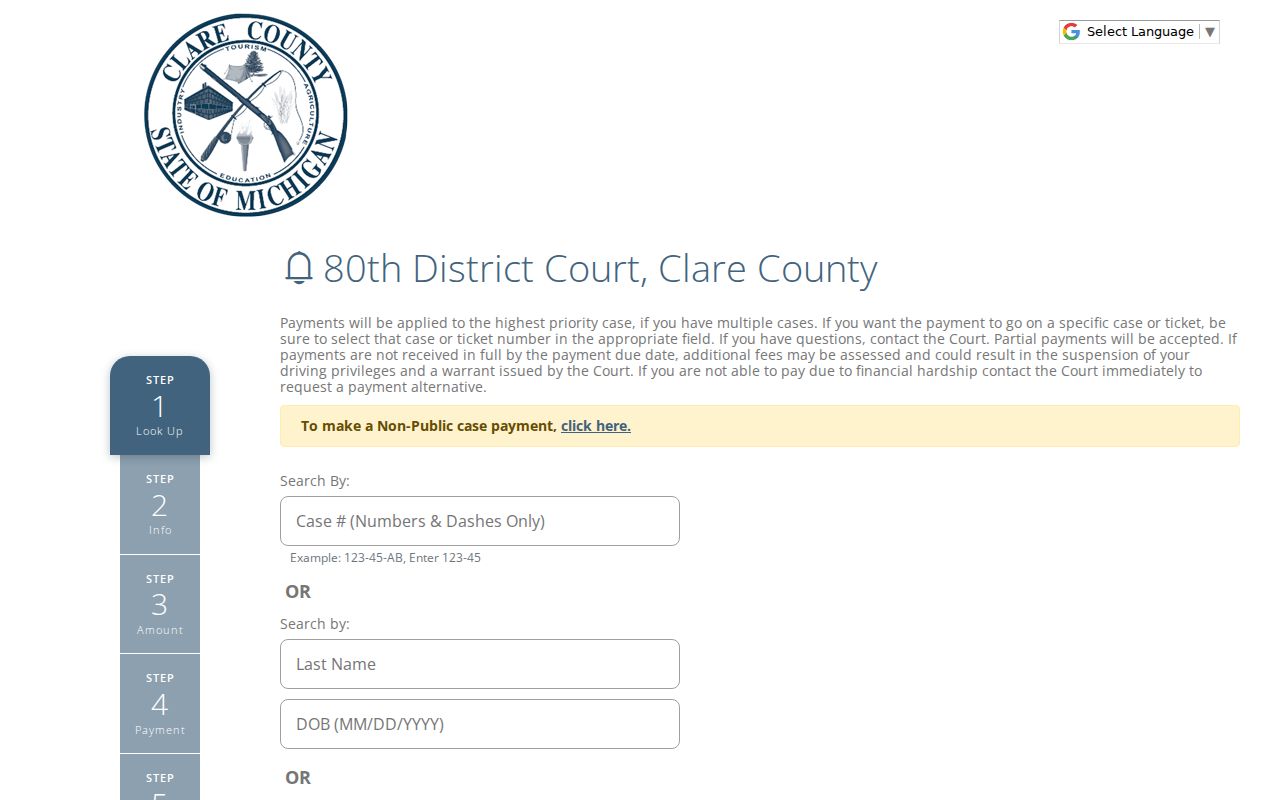 Clare County traffic court record source showing 80th District payment lookup portal