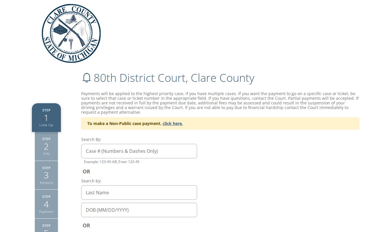 Clare County traffic court record source showing Five Point case and ticket lookup fields