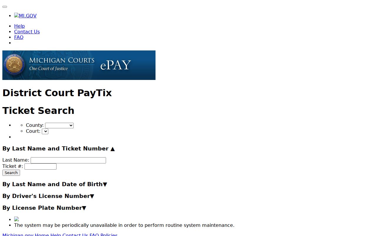 Clare County traffic court record source showing Michigan PayTix ticket-search options